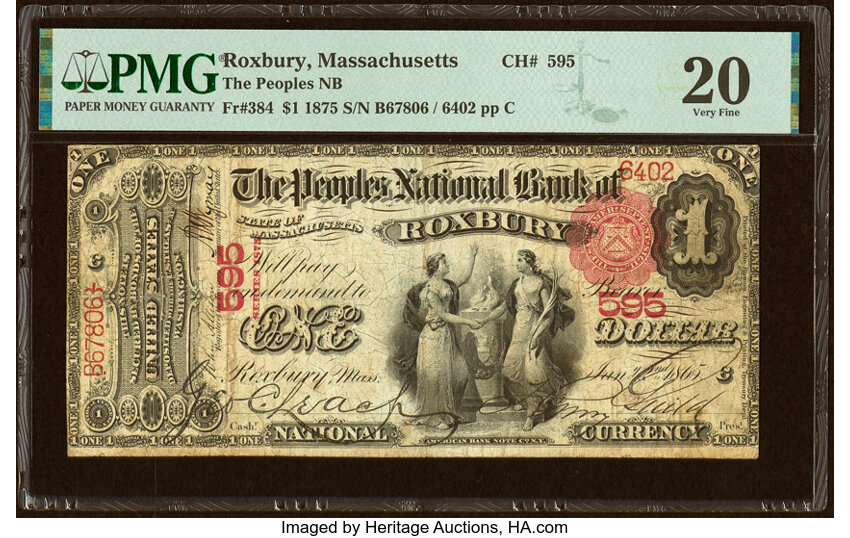 image for: Roxbury, MA - $1 1875 Fr. 384 The Peoples National Bank Ch. # 595 PMG Very Fine 20....