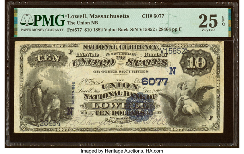 image for: Lowell, MA - $10 1882 Value Back Fr. 577 The Union National Bank Ch. # (N)6077 PMG Very Fine 25 EPQ....