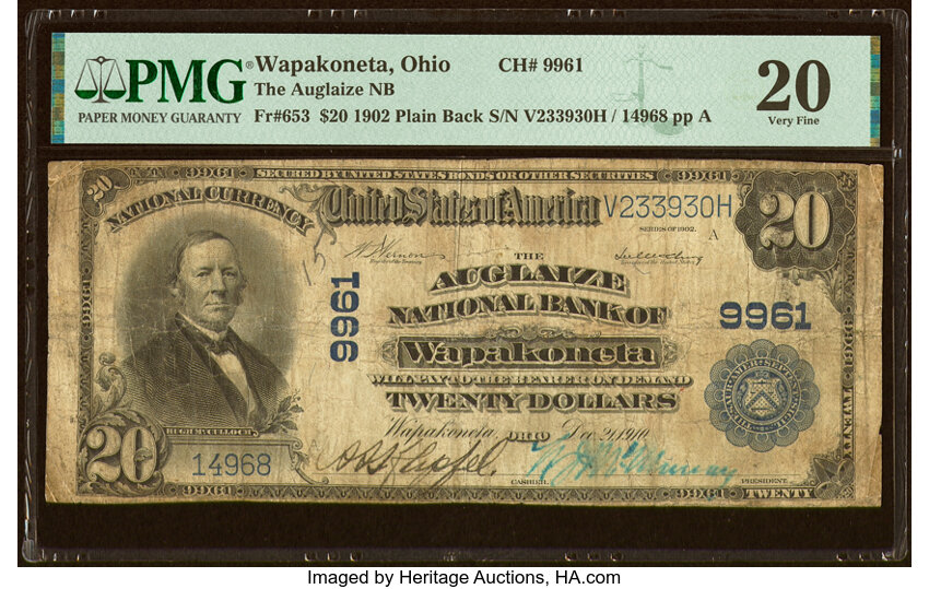 image for: Wapakoneta, OH - $20 1902 Plain Back Fr. 653 The Auglaize National Bank Ch. # 9961 PMG Very Fine 20....