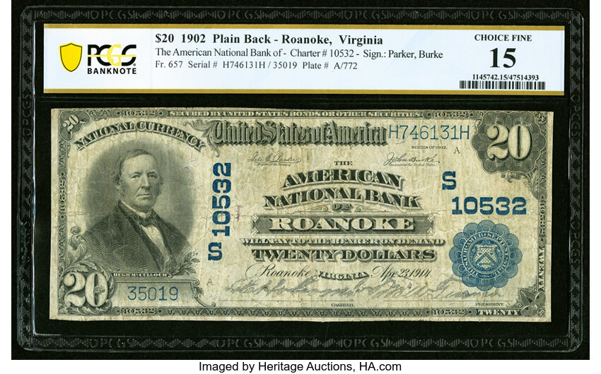 image for: Roanoke, VA - $20 1902 Plain Back Fr. 657 The American National Bank Ch. # (S)10532 PCGS Banknote Choice Fine 15....