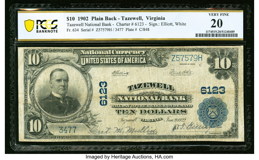 image for: Tazewell, VA - $10 1902 Plain Back Fr. 634 Tazewell National Bank Ch. # 6123 PCGS Banknote Very Fine 20....