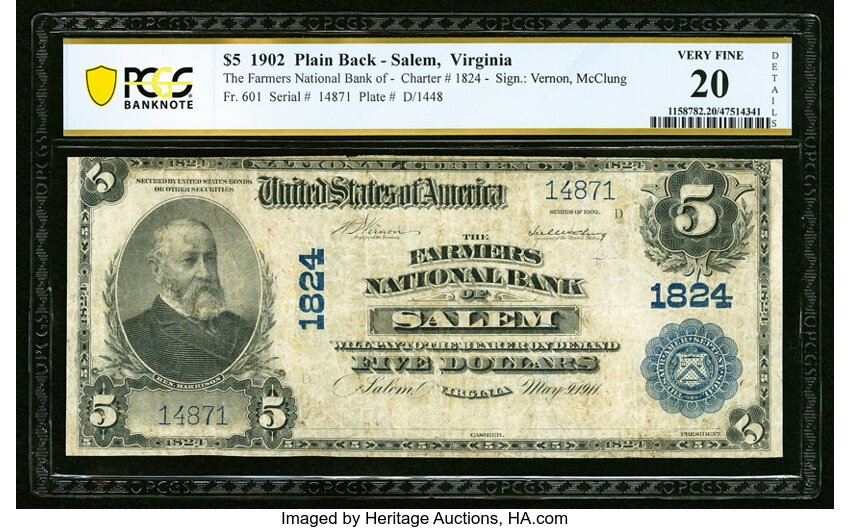 image for: Salem, VA - $5 1902 Plain Back Fr. 601 The Farmers National Bank Ch. # 1824 PCGS Banknote Very Fine 20 Details....