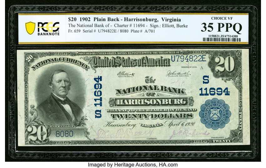 image for: Harrisonburg, VA - $20 1902 Plain Back Fr. 659 The National Bank of Harrisonburg Ch. # (S)11694 PCGS Banknote Choice VF 35 PPQ...