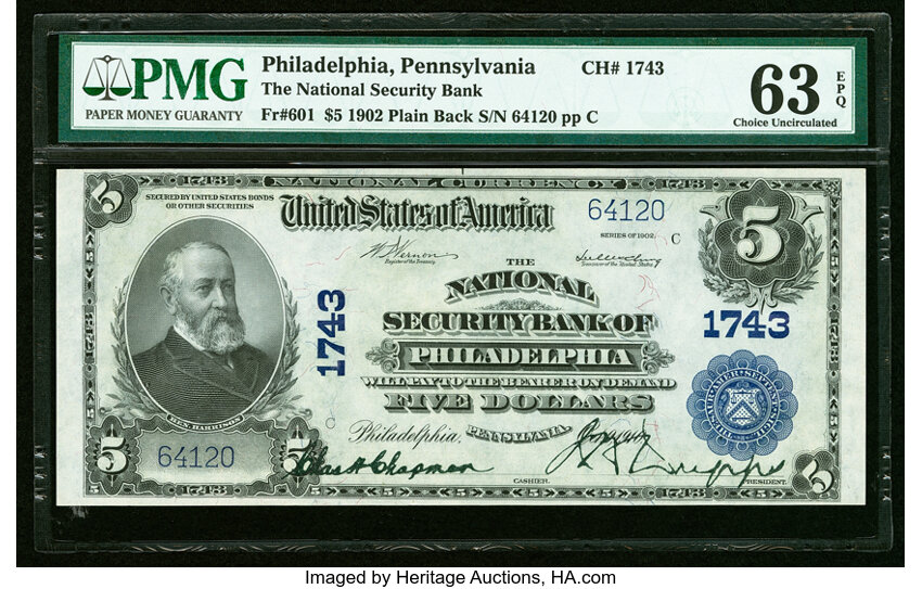 image for: Philadelphia, PA - $5 1902 Plain Back Fr. 601 The National Security Bank Ch. # 1743 PMG Choice Uncirculated 63 EPQ....