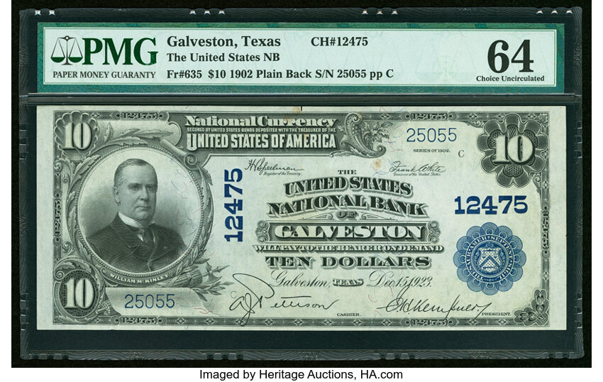 image for: Galveston, TX - $10 1902 Plain Back Fr. 635 The United States National Bank Ch. # 12475 PMG Choice Uncirculated 64....