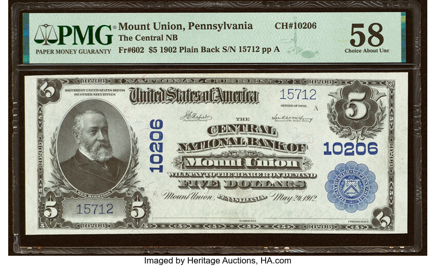 image for: Mount Union, PA - $5 1902 Plain Back Fr. 602 The Central National Bank Ch. # 10206 PMG Choice About Unc 58....