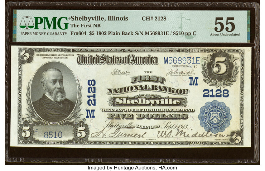 image for: Shelbyville, IL - $5 1902 Plain Back Fr. 604 The First National Bank Ch. # (M)2128 PMG About Uncirculated 55....