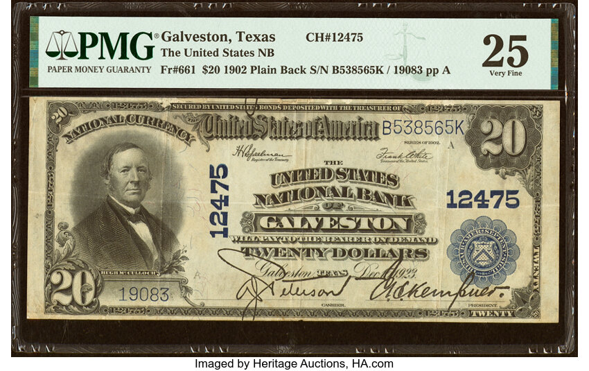 image for: Galveston, TX - $20 1902 Plain Back Fr. 661 The United States National Bank Ch. # 12475 PMG Very Fine 25....