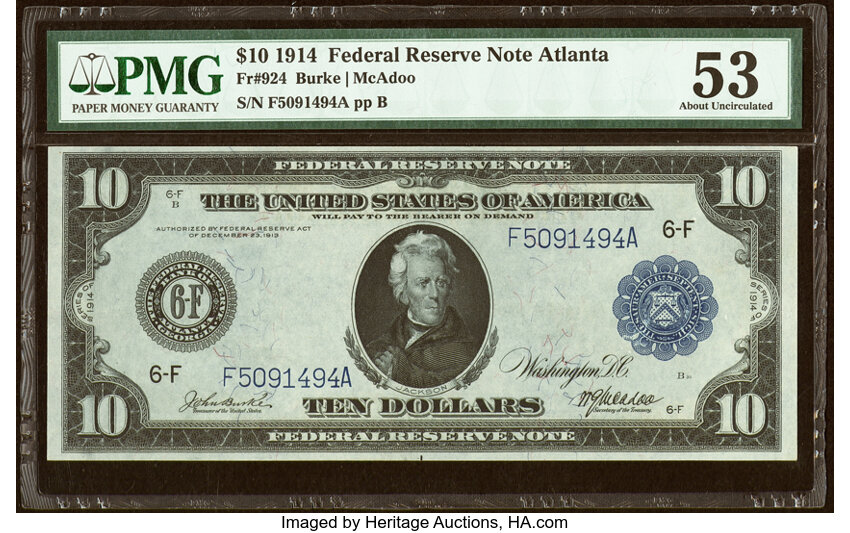 image for: Fr. 924 $10 1914 Federal Reserve Note PMG About Uncirculated 53....