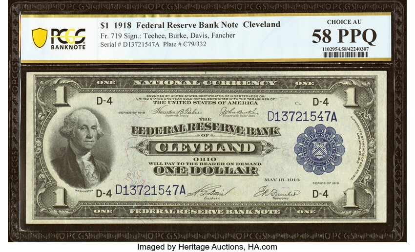 image for: Fr. 719 $1 1918 Federal Reserve Bank Note PCGS Banknote Choice About Unc 58 PPQ....