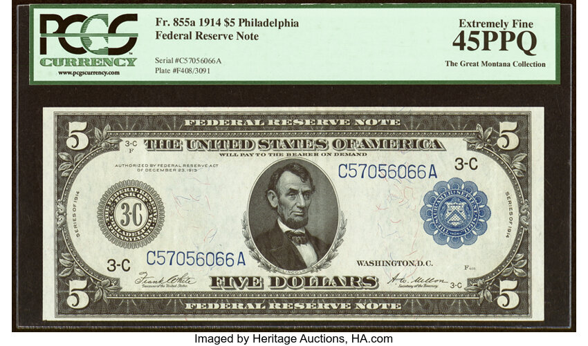 image for: Fr. 855a $5 1914 Federal Reserve Note PCGS Extremely Fine 45PPQ....
