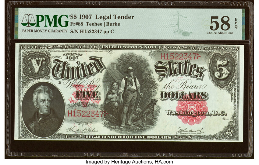 image for: Fr. 88 $5 1907 Legal Tender PMG Choice About Unc 58 EPQ....