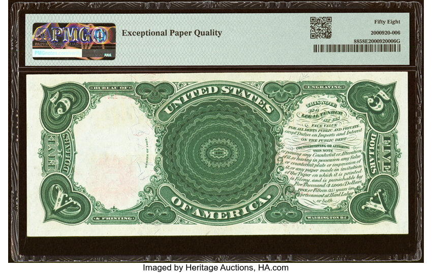 image for: Fr. 88 $5 1907 Legal Tender PMG Choice About Unc 58 EPQ....
