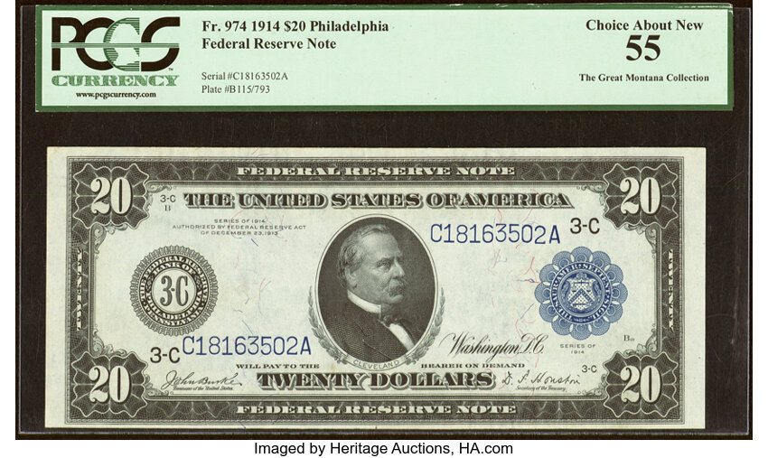 image for: Fr. 974 $20 1914 Federal Reserve Note PCGS Choice About New 55....