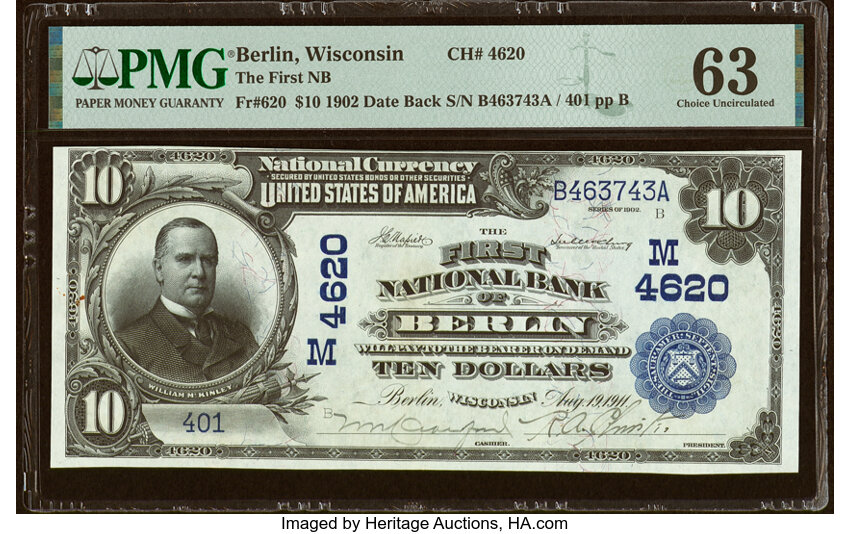 image for: Berlin, WI - $10 1902 Date Back Fr. 620 The First National Bank Ch. # (M)4620 PMG Choice Uncirculated 63....