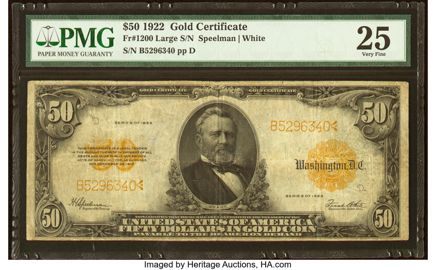 image for: Fr. 1200 $50 1922 Gold Certificate PMG Very Fine 25....
