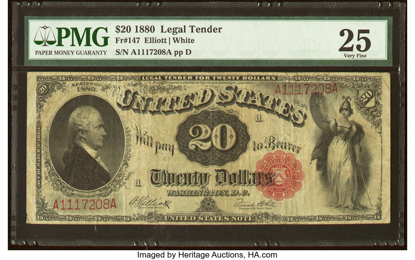 image for: Fr. 147 $20 1880 Legal Tender PMG Very Fine 25....