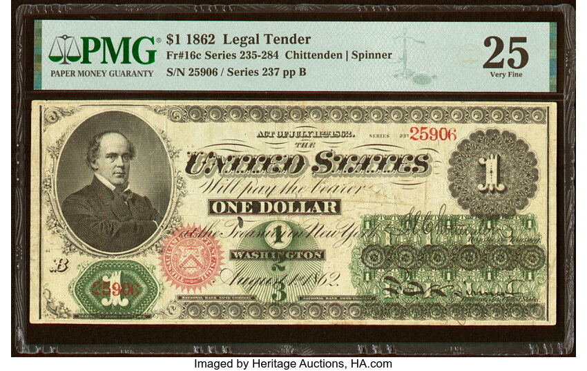image for: Fr. 16c $1 1862 Legal Tender PMG Very Fine 25....