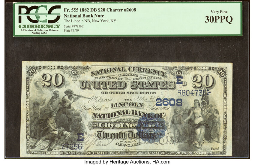 image for: New York, NY - $20 1882 Date Back Fr. 555 The Lincoln National Bank Ch. # (E)2608 PCGS Very Fine 30....