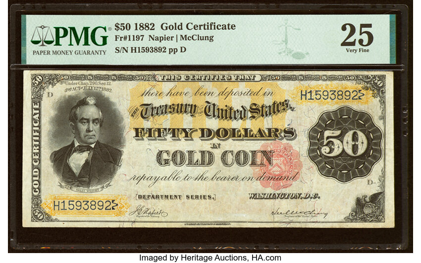 image for: Fr. 1197 $50 1882 Gold Certificate PMG Very Fine 25....