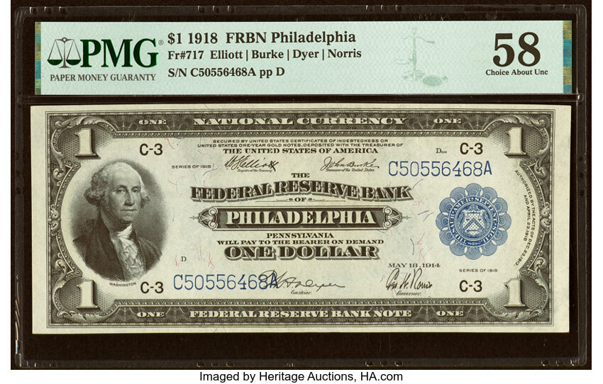 image for: Fr. 717 $1 1918 Federal Reserve Bank Note PMG Choice About Unc 58....