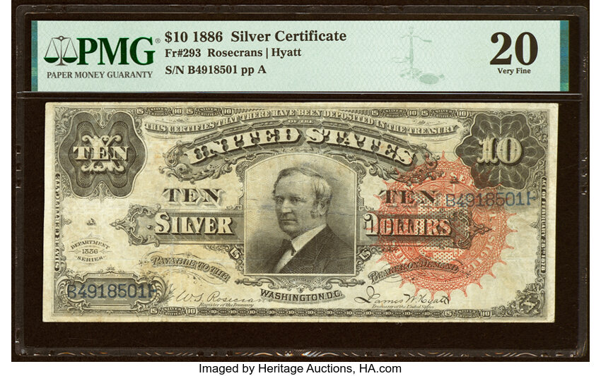 image for: Fr. 293 $10 1886 Silver Certificate PMG Very Fine 20....