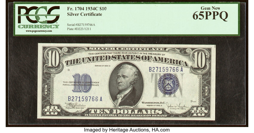 image for: Fr. 1704 $10 1934C Silver Certificate. PCGS Gem New 65PPQ....