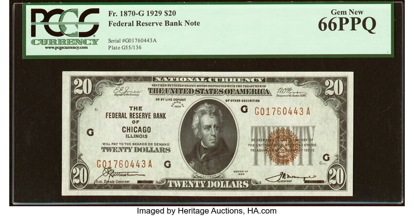 image for: Fr. 1870-G $20 1929 Federal Reserve Bank Note. PCGS Gem New 66PPQ....