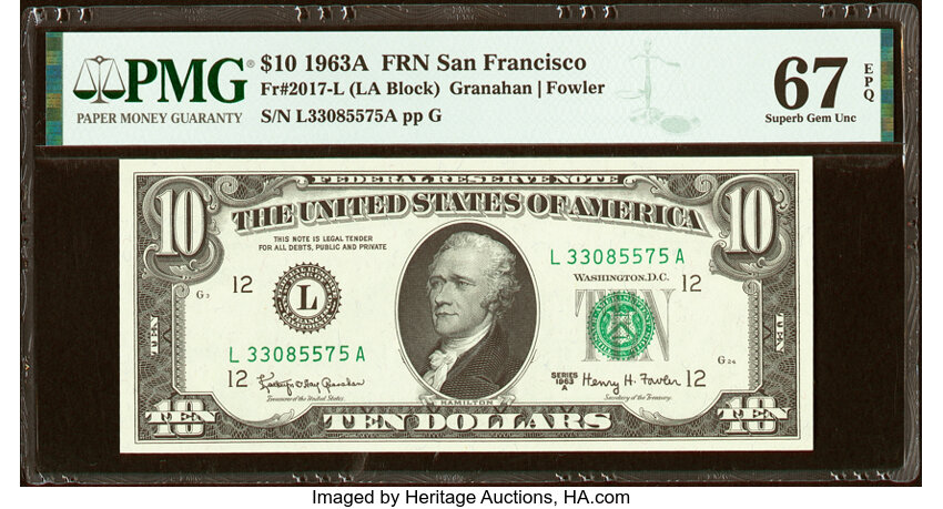 image for: Fr. 2017-L $10 1963A Federal Reserve Note. PMG Superb Gem Unc 67 EPQ....