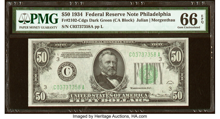 image for: Fr. 2102-C $50 1934 Federal Reserve Note. PMG Gem Uncirculated 66 EPQ....