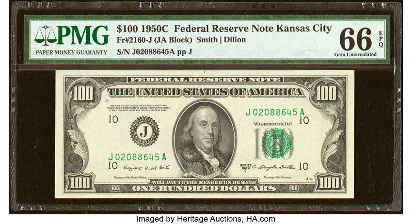 image for: Fr. 2160-J $100 1950C Federal Reserve Note. PMG Gem Uncirculated 66 EPQ....