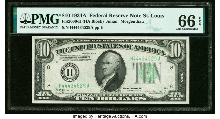 image for: Fr. 2006-H $10 1934A Federal Reserve Note. PMG Gem Uncirculated 66 EPQ....