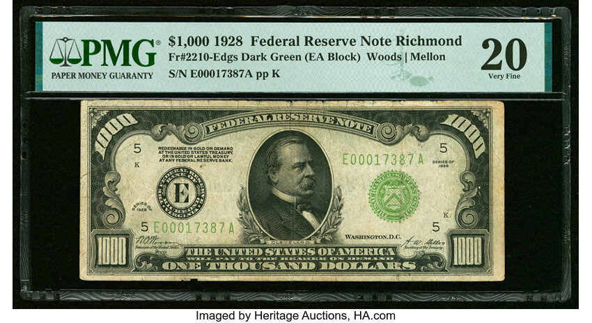 image for: Fr. 2210-E $1,000 1928 Federal Reserve Note. PMG Very Fine 20....