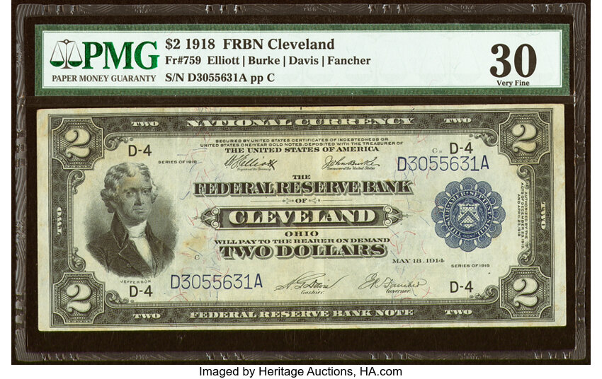 image for: Fr. 759 $2 1918 Federal Reserve Bank Note PMG Very Fine 30....