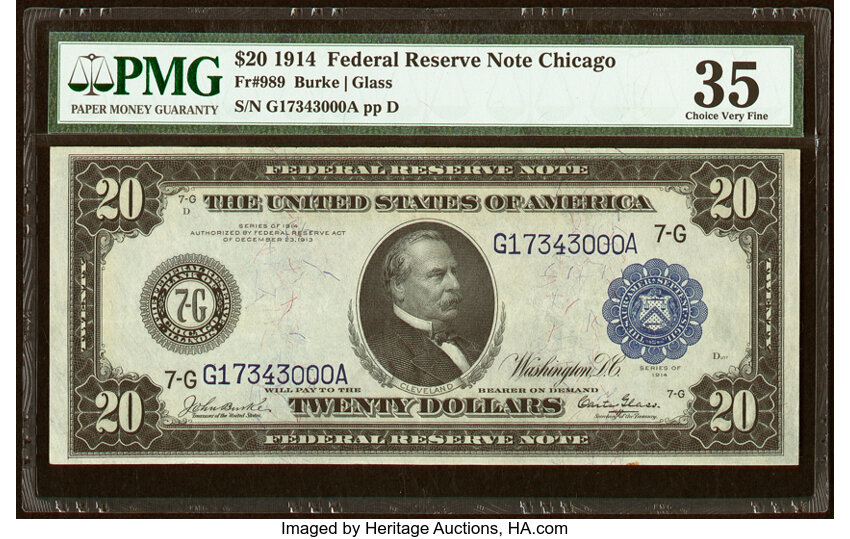 image for: Fr. 989 $20 1914 Federal Reserve Note PMG Choice Very Fine 35....