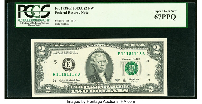image for: Repeater Serial Number 11181118 Fr. 1938-E $2 2003A Federal Reserve Note. PCGS Superb Gem New 67PPQ....