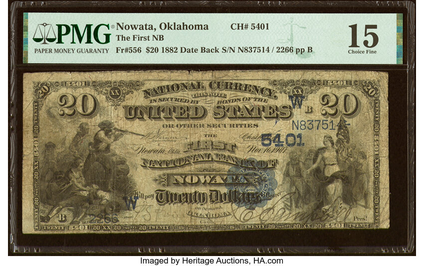 image for: Nowata, OK - $20 1882 Date Back Fr. 556 The First National Bank Ch. # (W)5401 PMG Choice Fine 15....