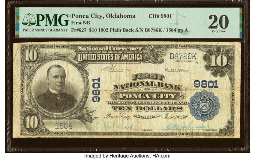 image for: Ponca City, OK - $10 1902 Plain Back Fr. 627 First National Bank Ch. # 9801 PMG Very Fine 20....