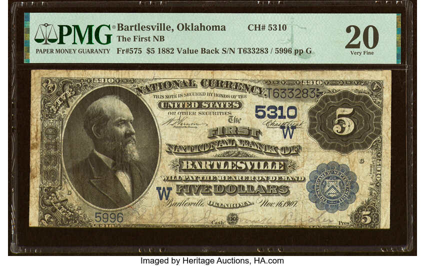image for: Bartlesville, OK - $5 1882 Value Back Fr. 575 The First National Bank Ch. # (W)5310 PMG Very Fine 20....