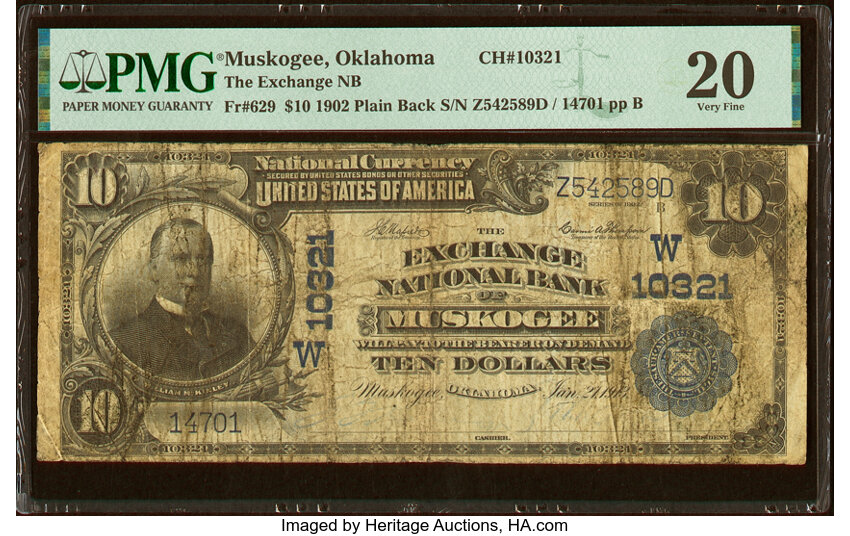 image for: Muskogee, OK - $10 1902 Plain Back Fr. 629 The Exchange National Bank Ch. # (W)10321 PMG Very Fine 20....