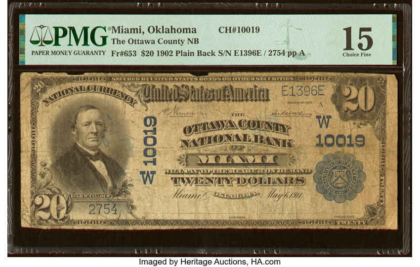 image for: Miami, OK - $20 1902 Plain Back Fr. 653 The Ottawa County National Bank Ch. # (W)10019 PMG Choice Fine 15....