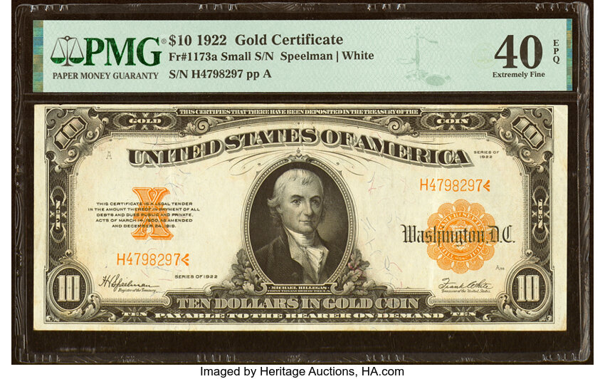 image for: Fr. 1173a $10 1922 Gold Certificate PMG Extremely Fine 40 EPQ....