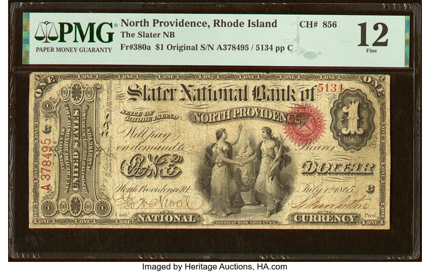 image for: North Providence, RI - $1 Original Fr. 380a The Slater National Bank Ch. # 856 PMG Fine 12....