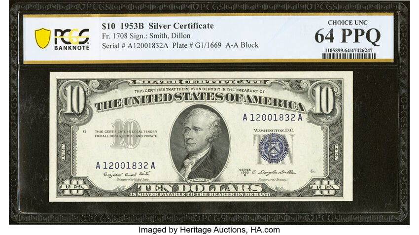 image for: Fr. 1708 $10 1953B Silver Certificate. PCGS Banknote Choice Unc 64 PPQ....