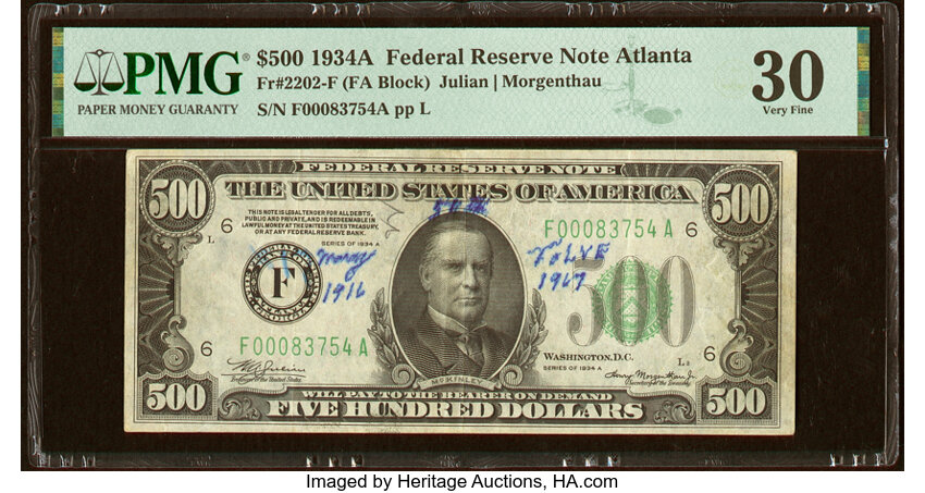 image for: Fr. 2202-F $500 1934A Federal Reserve Note. PMG Very Fine 30....