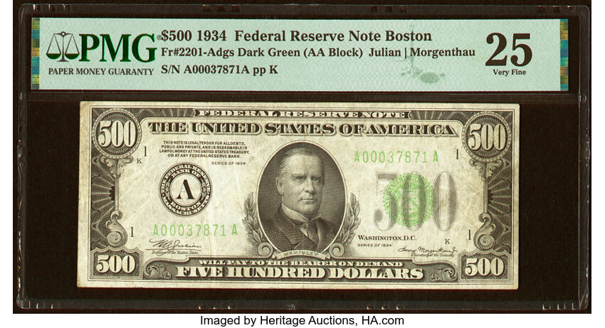 image for: Fr. 2201-A $500 1934 Federal Reserve Note. PMG Very Fine 25....