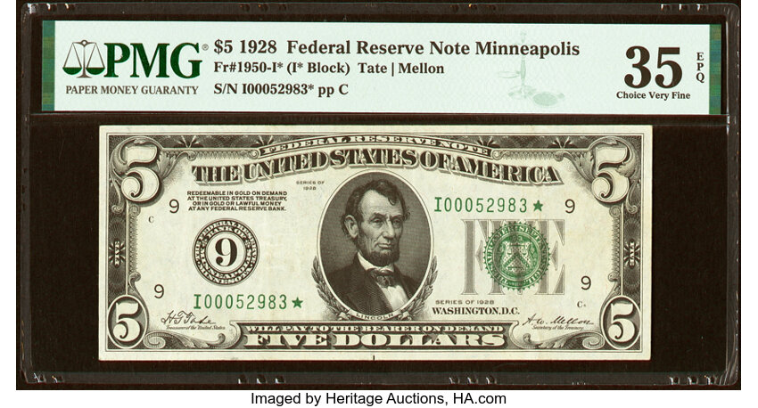 image for: Fr. 1950-I* $5 1928 Federal Reserve Star Note. PMG Choice Very Fine 35 EPQ....