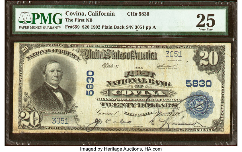 image for: Covina, CA - $20 1902 Plain Back Fr. 659 The First National Bank Ch. # 5830 PMG Very Fine 25....