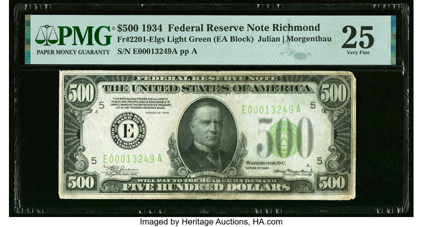 image for: Fr. 2201-E $500 1934 Light Green Seal Federal Reserve Note. PMG Very Fine 25....