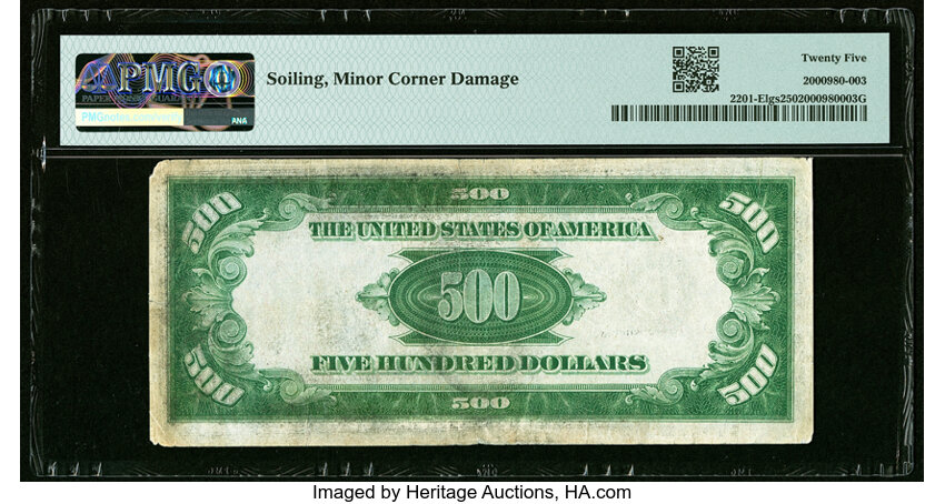 image for: Fr. 2201-E $500 1934 Light Green Seal Federal Reserve Note. PMG Very Fine 25....